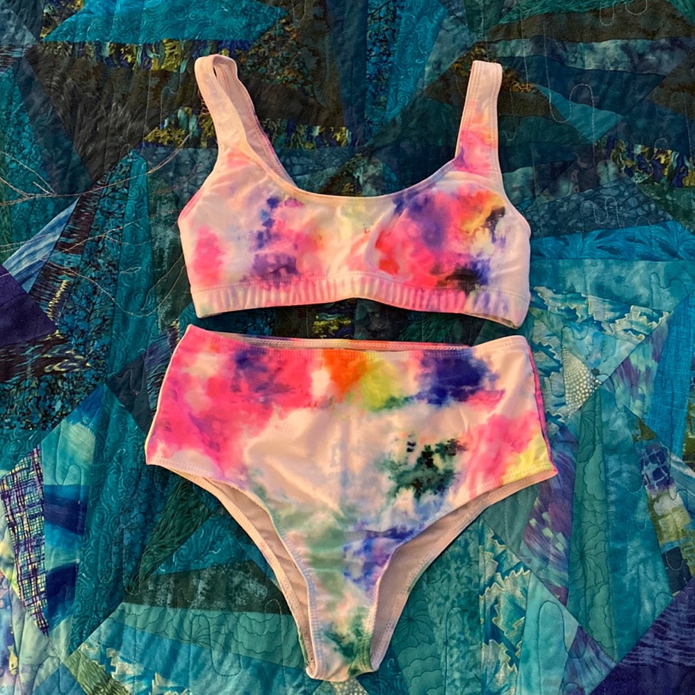 Boutique Purchased Tie Dye Swim Bikini Top And High Rose Bottom Size Small